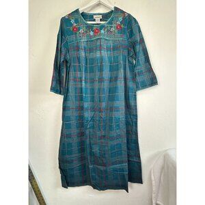 CW Classics Womens Floral Embroidered Plaid Midi Dress Small Teal 3/4 Sleeve